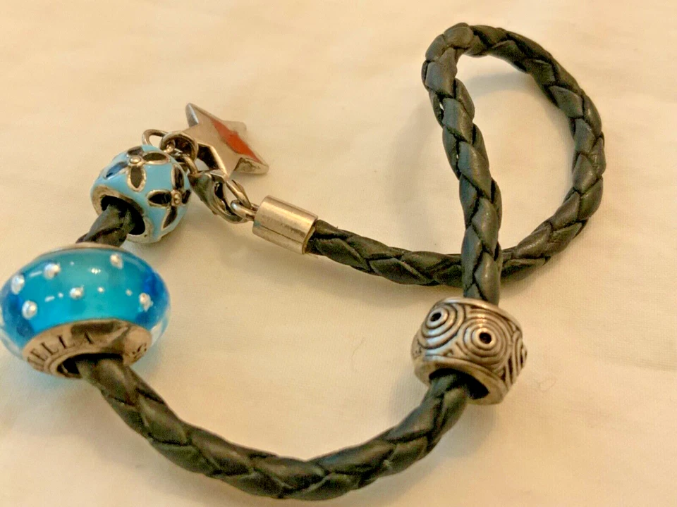 Pulsera DONATELLA VERSACE cristal de murano esmalte azul plata 925 cuentas cuero y2k Foto 3 de 4