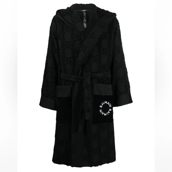 Balmain — BALMAIN***Logo Printed Hooded Black Robe**Med. $1315 CURRENT!! Full price!