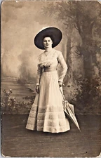 RPPC Elegant Woman Fabulous Dress Parasol Picture Hat Studio Pose  P.UN A-720