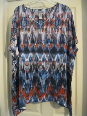 Catherines, 2X, SS Knit Top, Sub Print Blues/Orange, Embellished