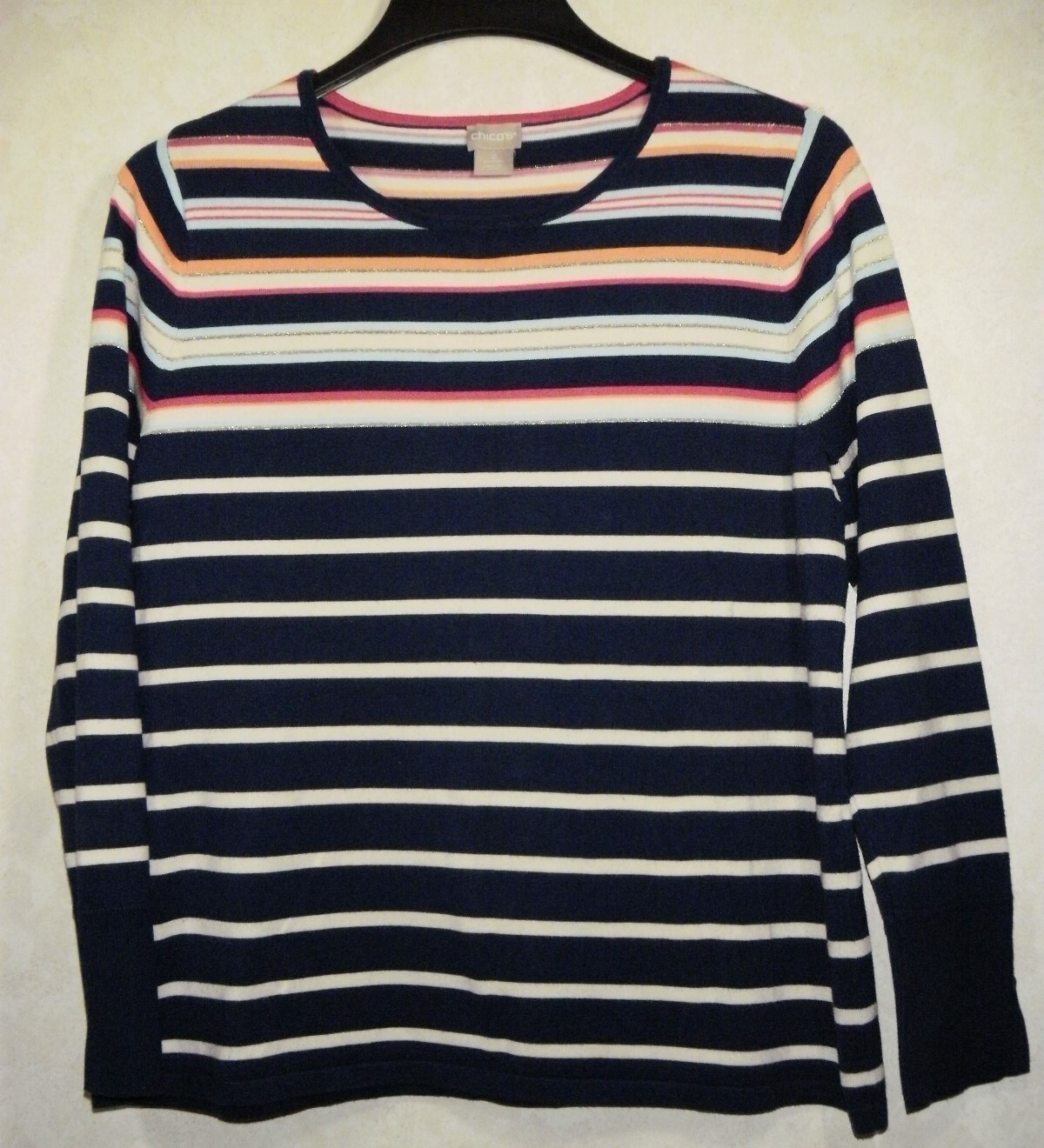 ALTRA Chicos Top Maglia Donna 2 Blu Bianco Righe Girocollo Manica Lunga