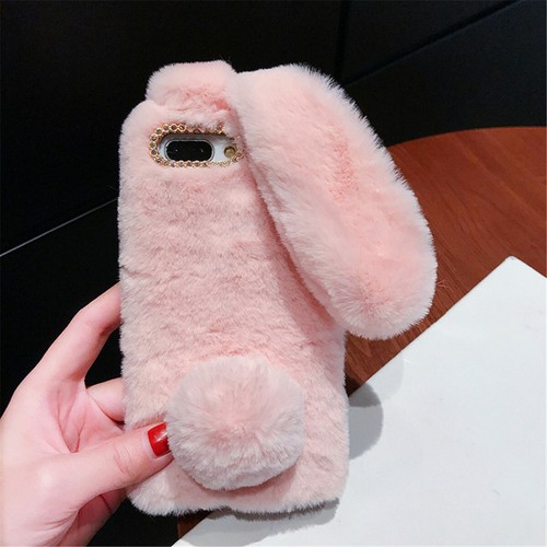 Girls Cute Bunny Plush Rabbit Fur Bling Glitter Soft Case Cover For Cell Phone - Picture 2 of 8