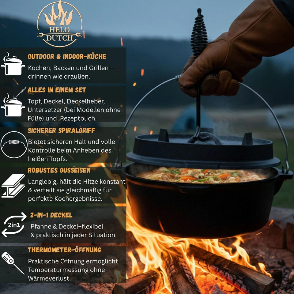Dutch Oven Set Gusseisen Deckelheber BBQ Feuertopf Schmortopf 1,8L-13,6L Rezepte - Bild 2 von 4