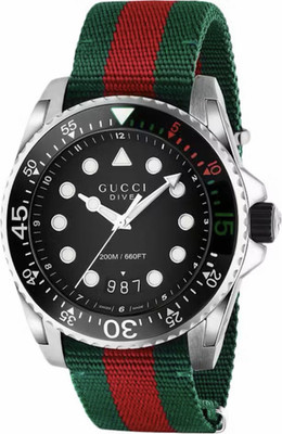 Gucci Dive Men's Watch Black Dial Green Red Nylon Strap 200M Swiss Made
