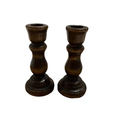 Vintage Pair of Mid Century MINI Wooden Candle Stick Holders Farmhouse Cottage