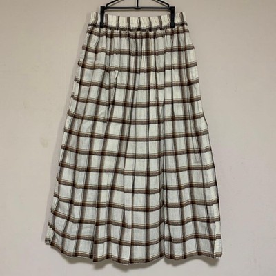 ICHI Check Long Flared Skirt Cotton Linen Brown Pocket Lined Skirt Brown