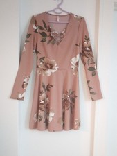 Boho Dusty Rose Brown Floral Long-Sleeve Skater Dress Size Medium