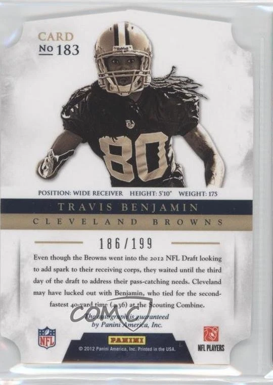2012 Panini Prominence Signatures Die-Cut /199 Travis Benjamin Rookie Auto RC - Image 2 of 2