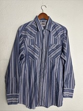 vintage ely cattleman pearl snap Shirt Long Sleeve Blue Stripe Flaw Cotton XL