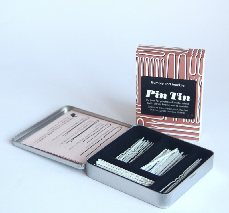 BUMBLE AND BUMBLE PIN TIN 50 PINTS FOR PINCHES OF WINTER WHITE WITH STYLE GUIDE