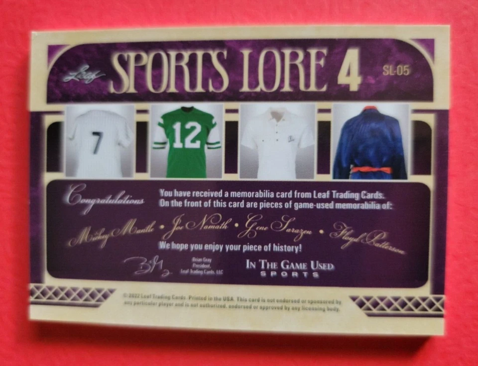 MICKEY MANTLE JOE NAMATH FLOYD PATTERSON GENE SARAZEN JERSEY PATCH CARD #d15/20 - Image 2 of 3