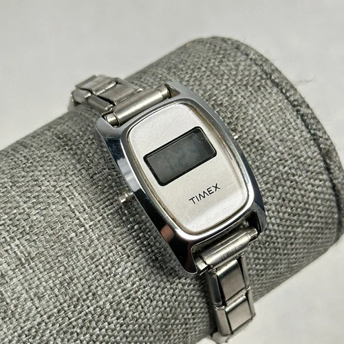 VTG Timex Watch Womens 31mm Rectangle Digital Silver Tone New Battery READ