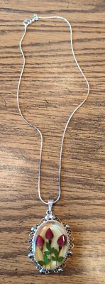 Beautiful .925 Sterling Silver Triple ROSE  Necklace~Pressed Flowers In Glass