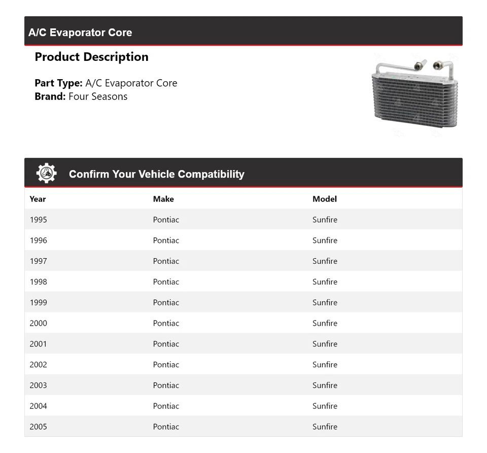 Núcleo evaporador de aire acondicionado Pontiac Sunfire 1995-2005 4 estaciones 1996 1997 1998 1999 Foto 2 de 4