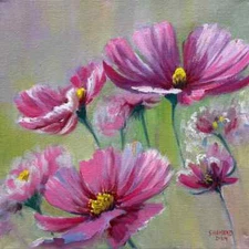 Charming Pink Cosmos Flowers: Original Oil Painting - Floral Art for Home Decor
