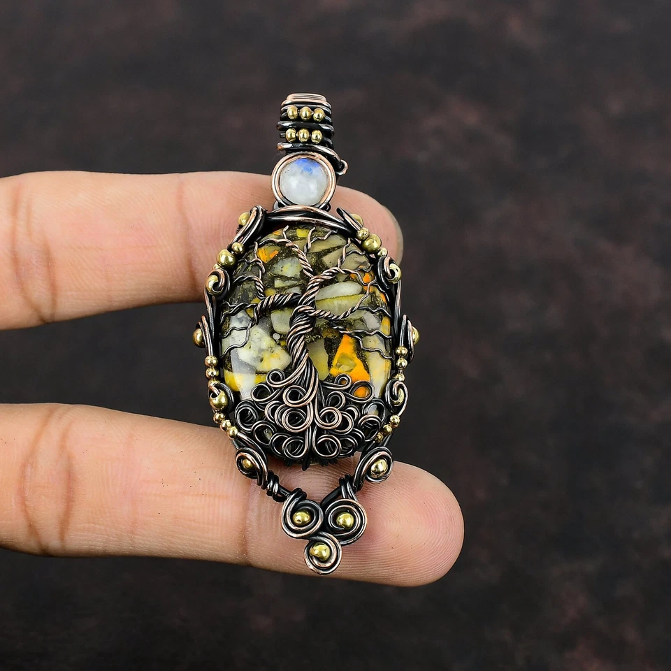 Bumble Bee Jasper Copper Gift For Friend Wire Wrapped Tree Of Life Pendant 2.76" - Image 3 of 4