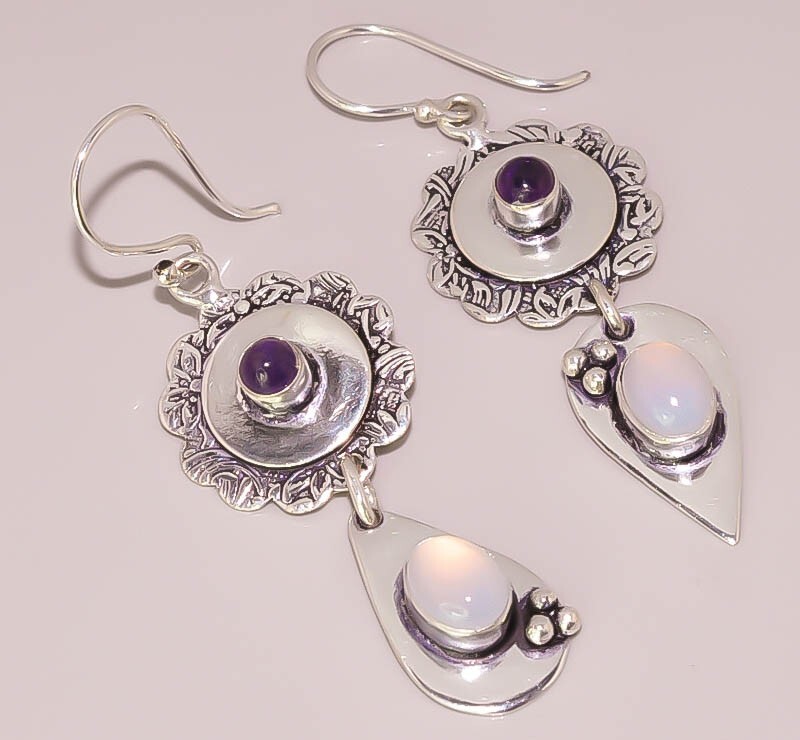 White Opal Purple Amethyst Sterling Silver Plated Designer Earrings