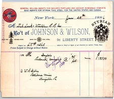 1886 billhead JOHNSON & WILSON NY CEMENTS TOOL STEEL W/ GRAPHICS SAYLORS STYRIAN