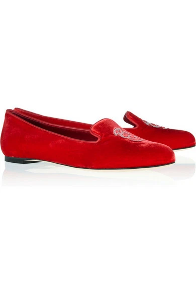 ALEXANDER MCQUEEN Skull Embroidered Red Velvet Shoes Slippers EU