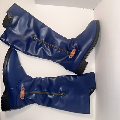 Women's  Mid Calf Zip Up Boots Flat w/ wallet zipper compartment Size 6.5 Blue