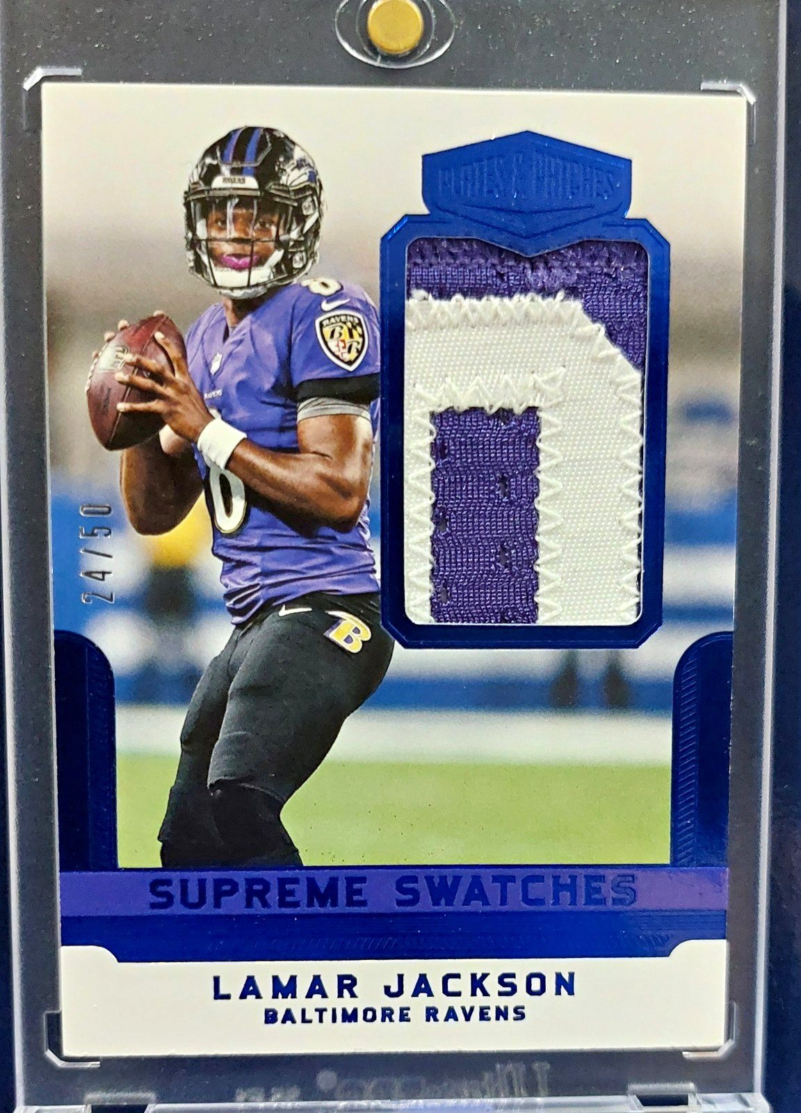 2018 Lamar Jackson Plates & Patches Rookie Supreme Swatches Blue #24/50 