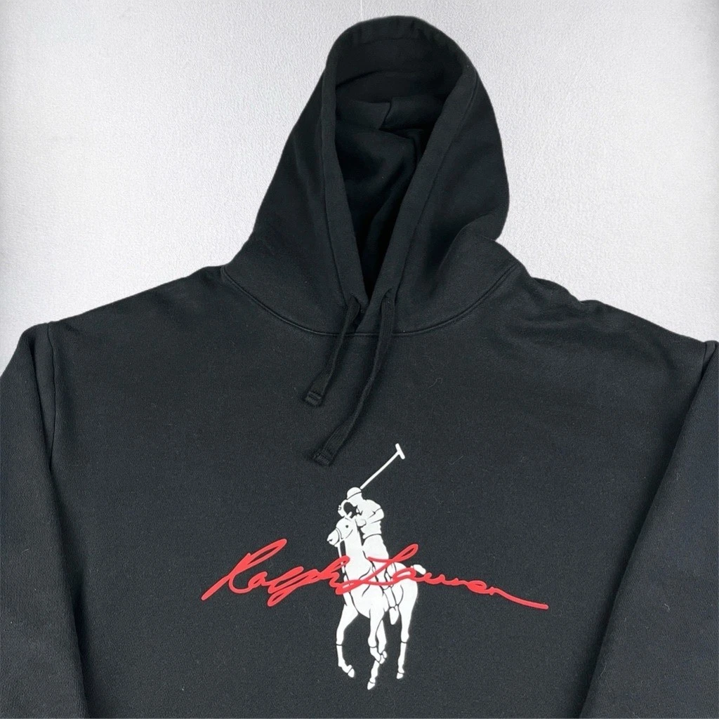 Polo Ralph Lauren Hoodie Mens XLT Black Big Pony Script Logo Pullover Sweatshirt