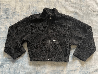 Nike Black White Sherpa Active Swoosh Cropped Faux Fur Jacket XS