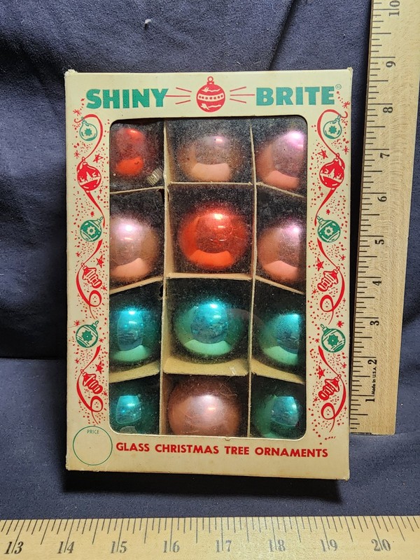 Vintage Lot Of 12 Shiny Bright Round Bulb Christmas Ornaments OG Box Used