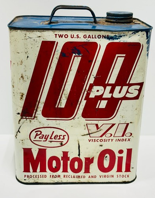 #ad Vtg advertising 2 Gallon Payless 100 Plus Motor Oil Can gas and oil collectible $48.00
