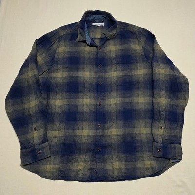 Outerknown Men 2XL Organic Cotton Plaid Flannel Button Up Shirt Navy/Brown