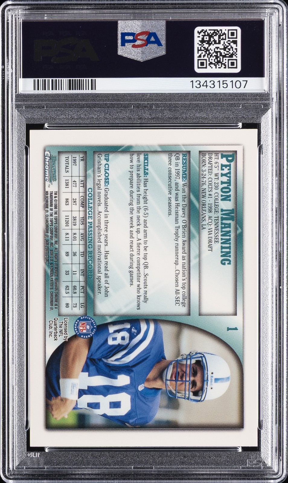 1998 BOWMAN CHROME #1 PEYTON MANNING ROOKIE RC PSA 9 AUTO 10 view 2