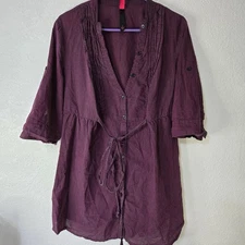 Pure Energy Tunic Shirt Womens Large Striped Button Front Tie Waist Casual Top