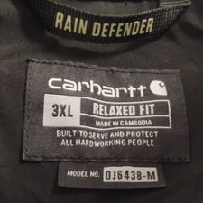 Carhartt Rain Defender Relaxed Fit Jacket 3XL Black Zip Closure