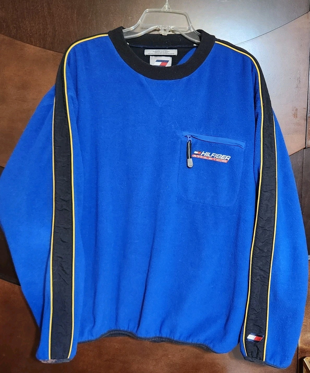 Vintage Tommy Hilfiger 90s Fleece Pullover Blue Black Logo Sweater Size Large