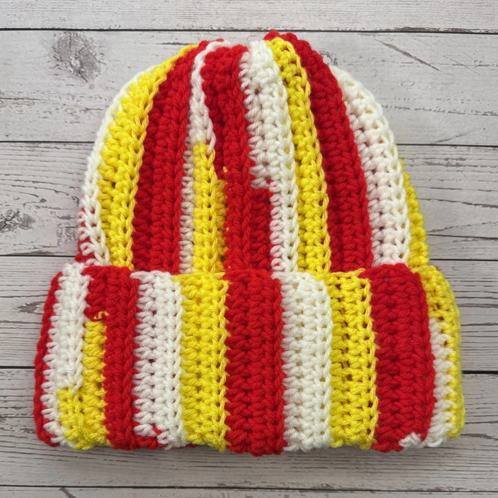 Handmade Crochet Beanie Red Yellow White • Warm Winter Hat • Ribbed Stretchy