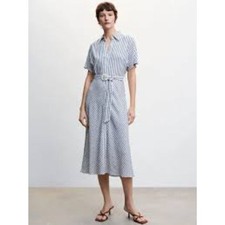 NWOT MNG Mango Linen Blend Blue Striped Shirt Dress Belted Midi Women's Size S