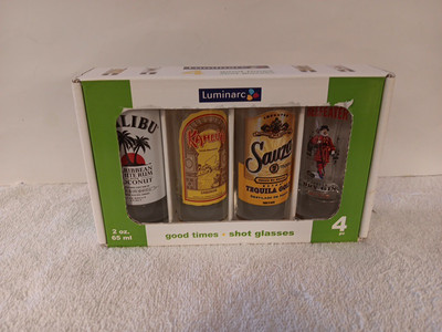 Shot Glasses Luminarc ''Good Times'' Set of 4 (Kahlua, Beefeater, Sauza, Malibu).