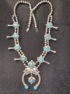 Navajo Signed ES Sterling Silver Turquoise 23” Squash Blossom Necklace 74.5g