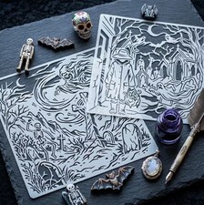 2pcs Halloween Graveyard Stencils Set Cemetery Skeleton Ghost Paint DIY Template