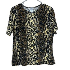 AK Anne Klein Leopard Print Short Sleeve Top Brown Tan Black Made in USA P/T