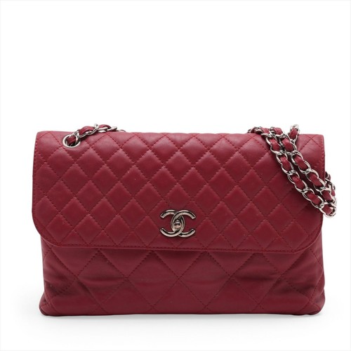 Used CHANEL Deco Matelasse Lambskin Single Flap Double Chain Bag Red Silver Hard