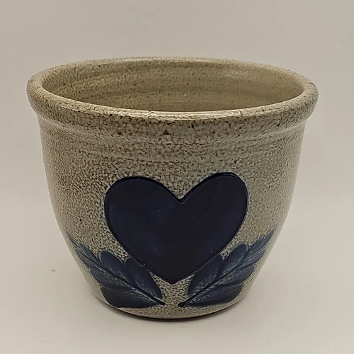 Vintage 1991 Eldreth Pottery Stoneware Blue Heart & Leaves Bowl 4"