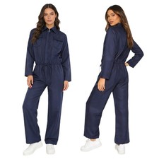 Women's Blue Workwear Long Sleeve Jumpsuits Casual Coveralls Mechanic Rompers