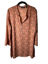 New York & Company Paisley Tunic Top XL Pink Coral Boho Blouse 3/4 Sleeve Career