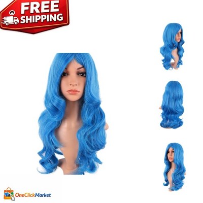 24 Inch Mixed Vivid Blue Long Wavy Wig with Side Bangs for Cosplay Events