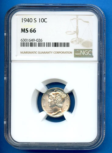 1940 S NGC MS66 Mercury Dime 10c US Mint Silver Coin 1940-S MS-66