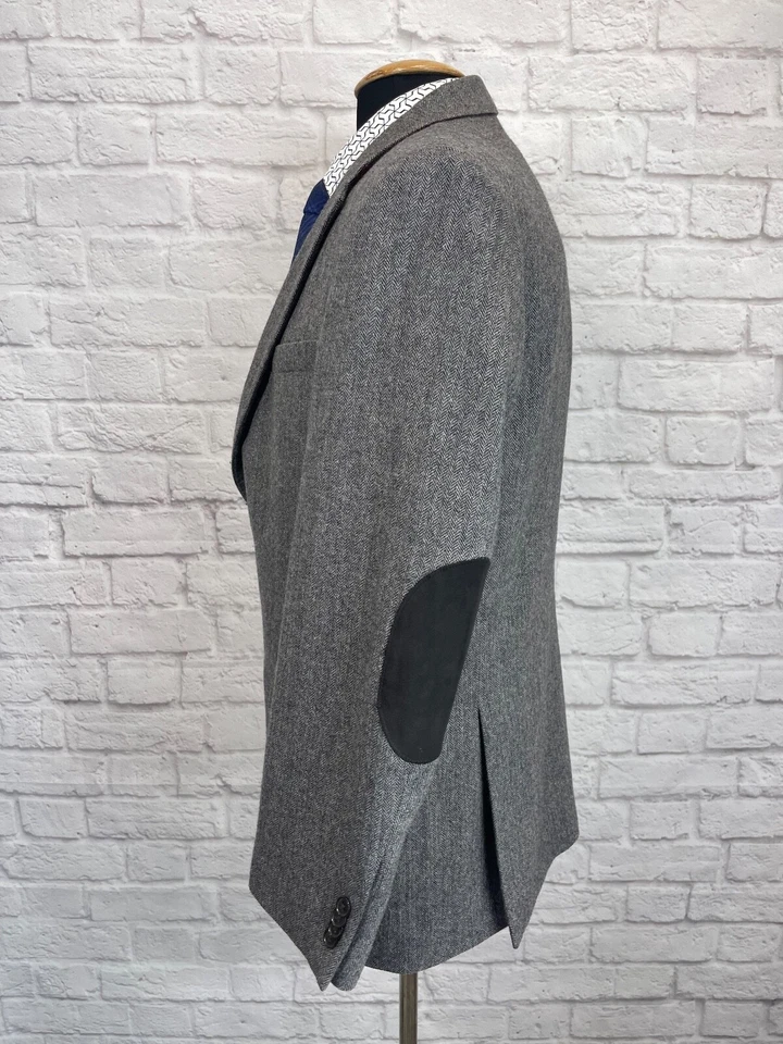 TOMMY HILFIGER 40R СЕРЫЙ ТВИДОВАЯ ШЕРСТЬ HERRINGBONE BLAZER СПОРТИВНОЕ ПАЛЬТО ЛОКОТЬ ПАТЧИ - Изображение 4 из 4