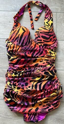 NATORI KOKO ANIMAL PRINT PUSH UP PLUNGE ONE PIECE RUCHED HALTER SWIMSUIT 8 B/C - Picture 3 of 10