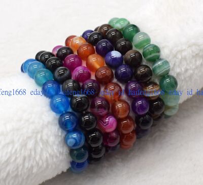 Mode Hübsche 8/10mm Multicolor Streifen Achat Perlen Rund Edelstein Armband 19cm