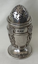 EXCEPTIONAL/UNIQUE OMAR RAMSDEN THISTLE PATTERN SILVER PEPPER CASTER LONDON 1936
